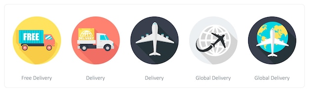 Un conjunto de 5 iconos redondos de compras 1x5 como entrega gratuita entrega global