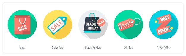 Un conjunto de 5 iconos redondos de compras 1x5 como etiqueta de venta de venta de viernes negro