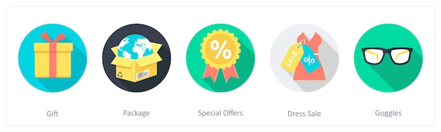 Un conjunto de 5 iconos redondos de compras 1x5 como ofertas especiales de paquetes de regalos