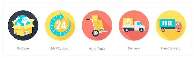 Un conjunto de 5 iconos redondos de compras 1x5 como paquete de soporte de camioneta de mano 24x7