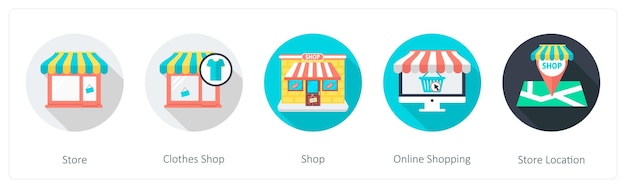 Un conjunto de 5 iconos redondos de compras 1x5 como tienda de ropa