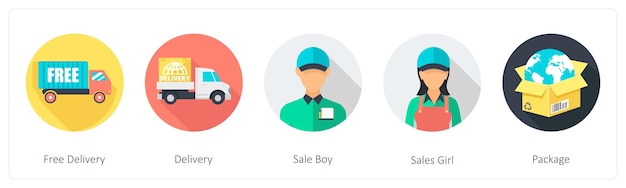 Un conjunto de 5 iconos redondos de compras 1x5 como vendedor de entrega gratuita