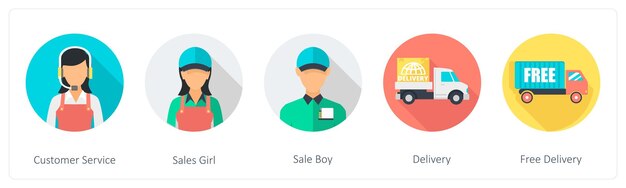 Un conjunto de 5 iconos redondos de compras 1x5 como vendedor de servicio al cliente