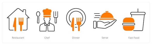Un conjunto de 5 íconos de restaurante como cena de chef de restaurante
