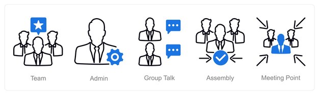 Un conjunto de 5 iconos de reunión como conversación de grupo del administrador del equipo