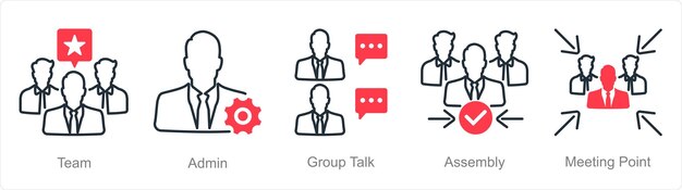 Un conjunto de 5 iconos de reunión como conversación de grupo del administrador del equipo
