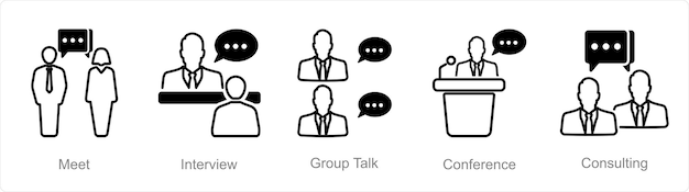 Un conjunto de 5 íconos de reunión como entrevistas de grupo de conversación