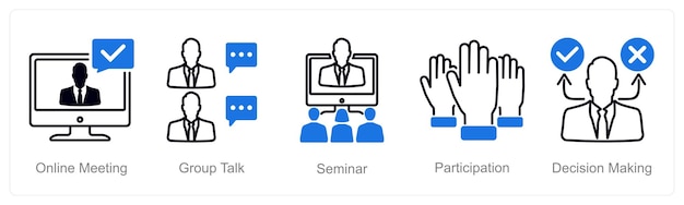 Un conjunto de 5 iconos de reunión como seminario de conversación de grupo de reunión en línea