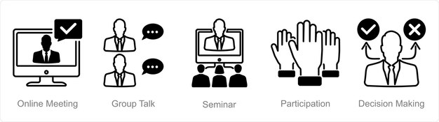 Un conjunto de 5 iconos de reunión como seminario de conversación de grupo de reunión en línea