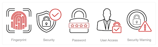 Un conjunto de 5 iconos de seguridad cibernética como acceso de usuario a la contraseña de seguridad de huellas dactilares