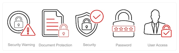 Un conjunto de 5 iconos de seguridad cibernética como advertencia de seguridad documento de protección de seguridad