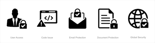 Un conjunto de 5 iconos de seguridad cibernética como código de acceso del usuario para la protección de correo electrónico