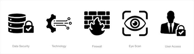 Un conjunto de 5 iconos de seguridad cibernética como cortafuegos de tecnología de seguridad de datos