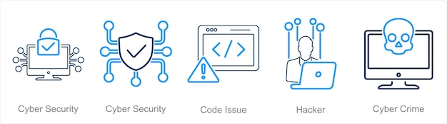 Vector un conjunto de 5 íconos de seguridad cibernética como hacker de código de seguridad cybernetica
