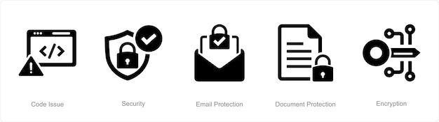 Un conjunto de 5 iconos de seguridad cibernética como protección de correo electrónico de seguridad de problemas de código