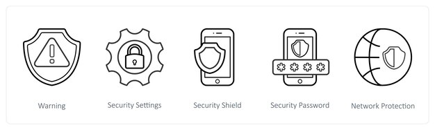 Un conjunto de 5 iconos de seguridad, como la configuración de seguridad de advertencia