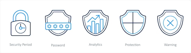 Un conjunto de 5 iconos de seguridad, como la contraseña del período de seguridad.