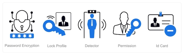 Un conjunto de 5 iconos de seguridad como detector de perfil de bloqueo de cifrado de contraseña