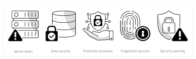 Un conjunto de 5 iconos de seguridad como disposición de protección de seguridad de datos del servidor