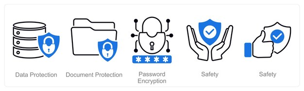 Un conjunto de 5 iconos de seguridad como encriptación de contraseña de protección de documentos de protección de datos