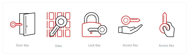 Un conjunto de 5 iconos de seguridad, como la llave de la puerta, los datos y la llave del bloqueo