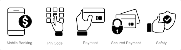Un conjunto de 5 iconos de seguridad como pago de código pin de banca móvil