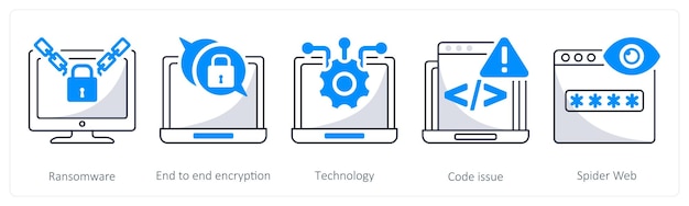 Un conjunto de 5 iconos de seguridad como ransomware tecnología de encriptación de extremo a extremo