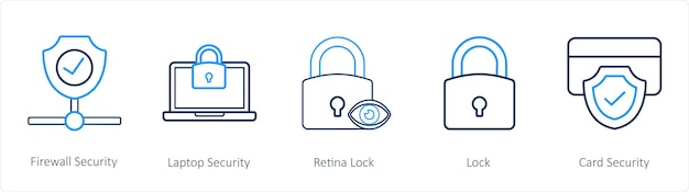 Un conjunto de 5 iconos de seguridad, como la seguridad del cortafuegos, la seguridad de la computadora portátil