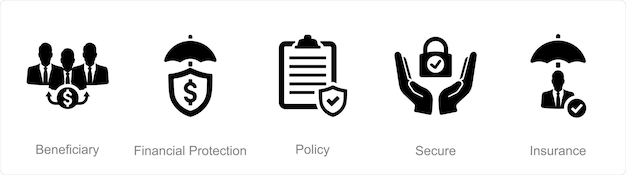Un conjunto de 5 iconos de seguro como póliza de protección financiera del beneficiario