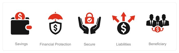 Un conjunto de 5 iconos de seguro como protección financiera de ahorros segura