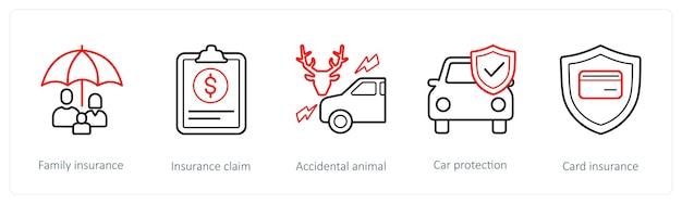 Un conjunto de 5 iconos de seguro, como la reclamación de seguro familiar
