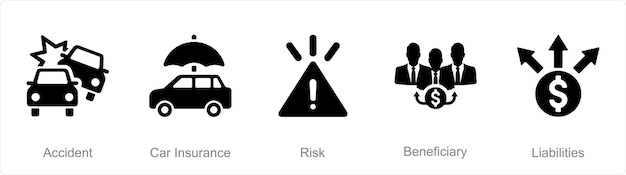 Un conjunto de 5 iconos de seguro como riesgo de seguro de automóvil de accidente