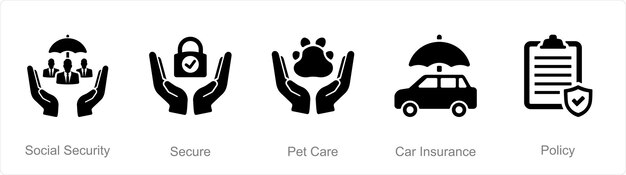 Un conjunto de 5 iconos de seguro como seguridad social seguro de cuidado de mascotas