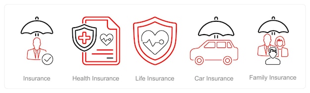 Un conjunto de 5 iconos de seguro como seguro de salud seguro de vida