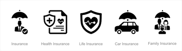 Un conjunto de 5 iconos de seguro como seguro de salud seguro de vida