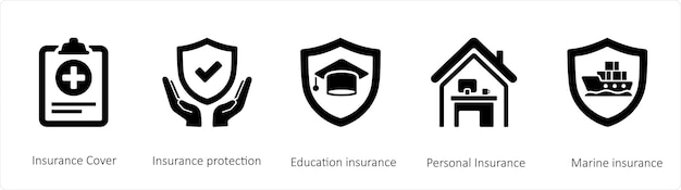 Un conjunto de 5 iconos de seguros como la cobertura de seguro la protección de seguro y el seguro de educación