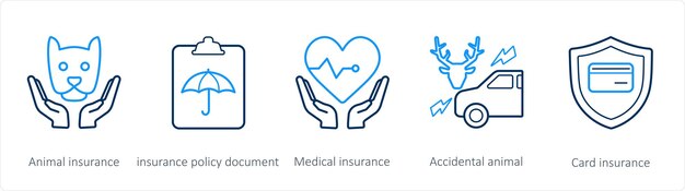 Un conjunto de 5 íconos de seguros, como el documento de póliza de seguro de seguro para animales