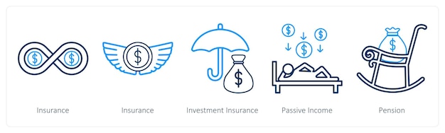 Un conjunto de 5 iconos de seguros como ingresos pasivos de inversión de seguros