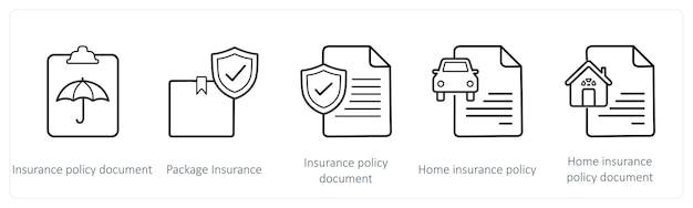 Un conjunto de 5 iconos de seguros, como el paquete de seguros del documento de la póliza de seguro