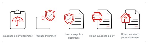Un conjunto de 5 iconos de seguros, como el paquete de seguros del documento de la póliza de seguro