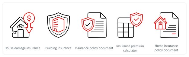 Un conjunto de 5 iconos de seguros, como el seguro de daños a la casa y el seguro de edificio