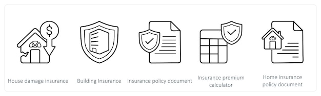 Un conjunto de 5 iconos de seguros, como el seguro de daños a la casa y el seguro de edificio