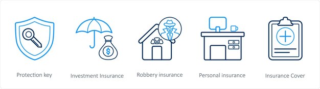 Un conjunto de 5 iconos de seguros, como el seguro de inversión clave de protección