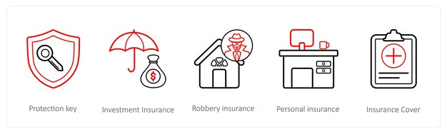 Un conjunto de 5 iconos de seguros, como el seguro de inversión clave de protección