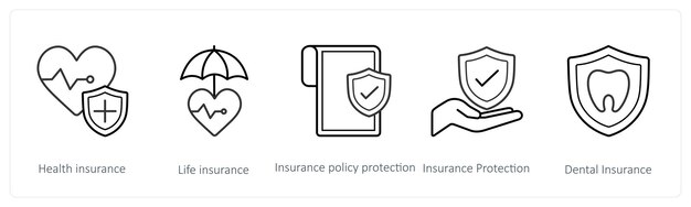 Un conjunto de 5 iconos de seguros como el seguro de salud y el seguro de vida