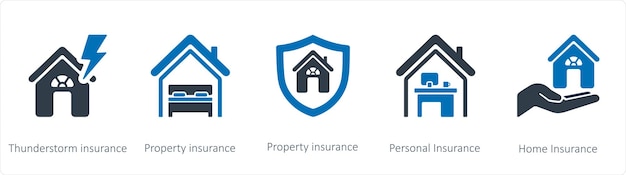 Un conjunto de 5 iconos de seguros como el seguro de tormenta y el seguro de propiedad