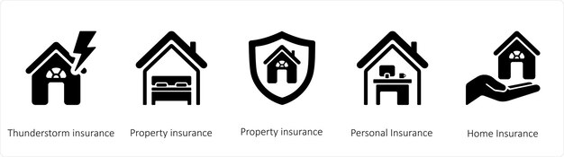 Un conjunto de 5 iconos de seguros como el seguro de tormenta y el seguro de propiedad