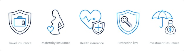 Un conjunto de 5 íconos de seguros, como seguro de viaje, seguro de maternidad