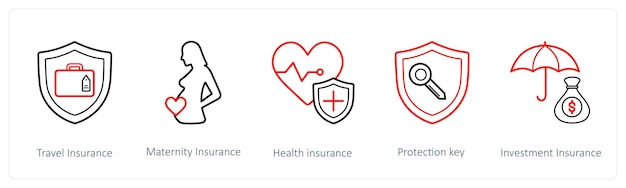 Un conjunto de 5 iconos de seguros, como el seguro de viaje, el seguro de maternidad