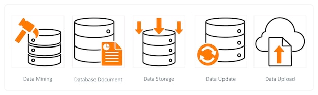 Un conjunto de 5 iconos Seo como almacenamiento de datos de documentos de base de datos de minería de datos